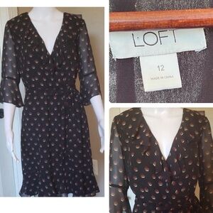 Loft Women’s Faux Wrap Dress Chiffon Black Circle Accents Flowy Size 12